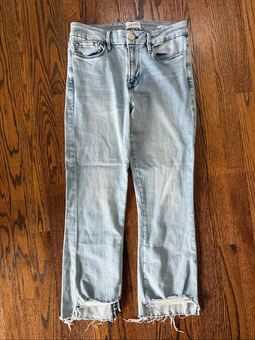 B42 Frame Denim Women's 29 Light Blue Boot Cut Jeans with Frayed Hem